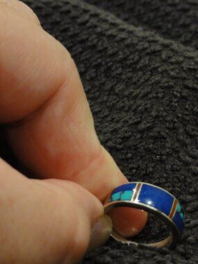 Native Amer-style Sterling Silver Ring w/ Turquoise & Stone Inlay Size 7 BEAUTY!